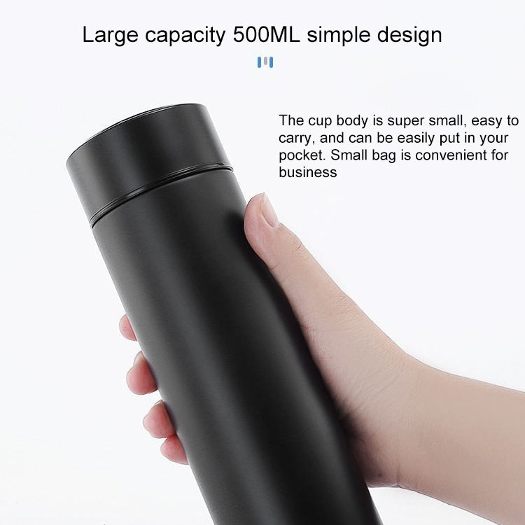 Black vacuum flask with smart temperature display, held in hand