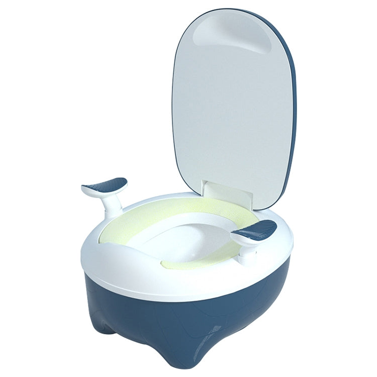 Children’s potty toilet seat with dark blue base and white splash guard, lid open