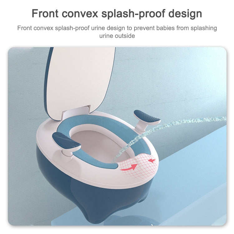 Children’s potty toilet seat with curved splash-proof guard and light blue inner basin