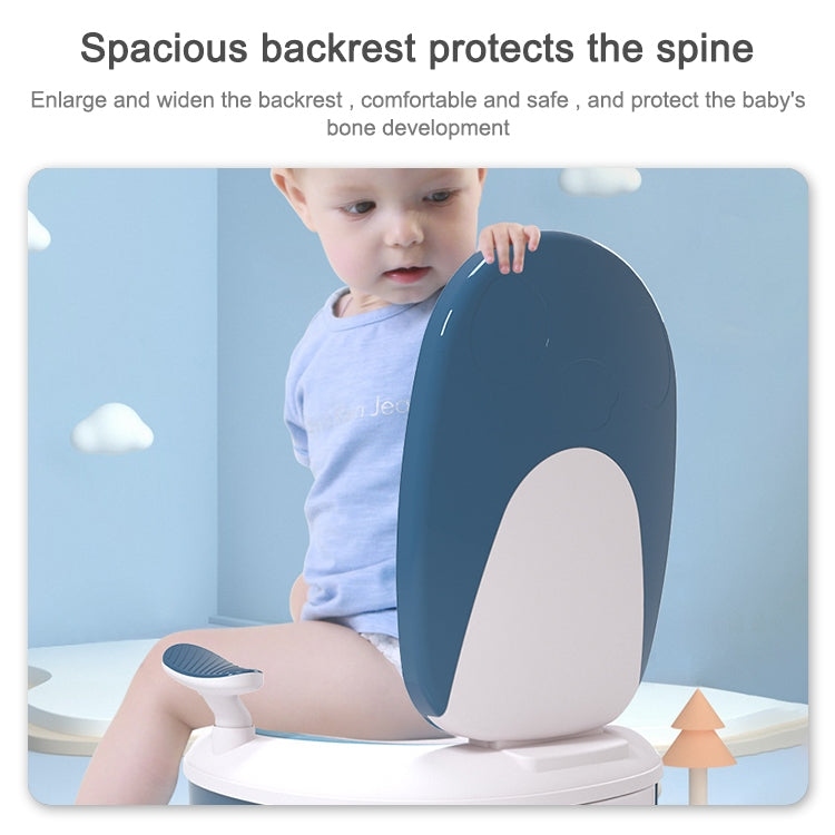 Children’s potty toilet seat with tall backrest, dark blue body and white rim