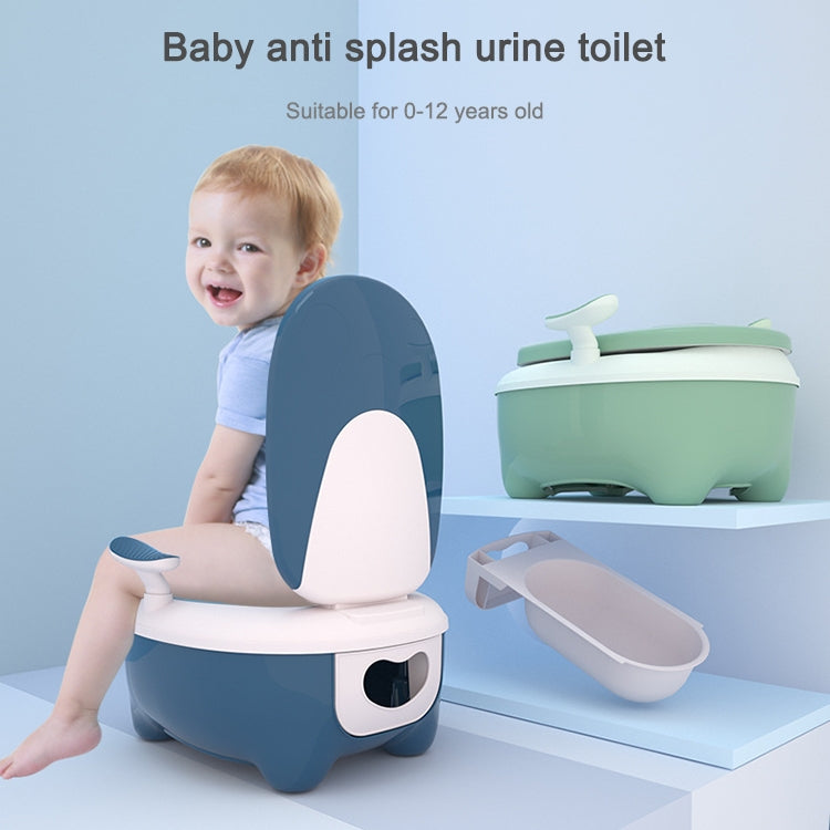 Children’s potty toilet seat with anti-splash curved shield, dark blue base and white seat