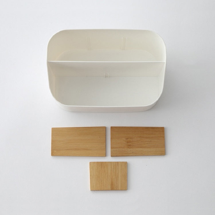 White plastic storage organizer shown with three bamboo panels