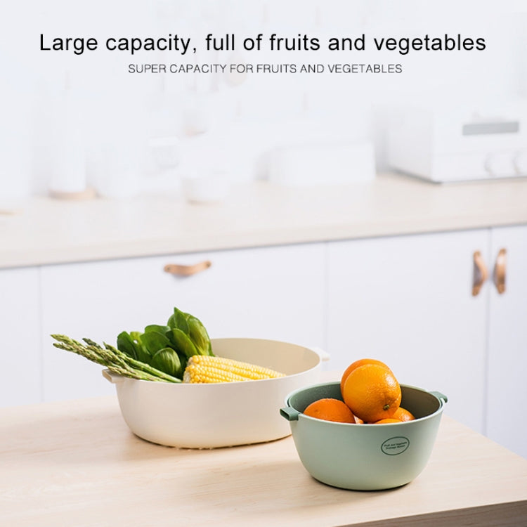Double-dish plastic vegetable drain basket set with beige and light green bowls