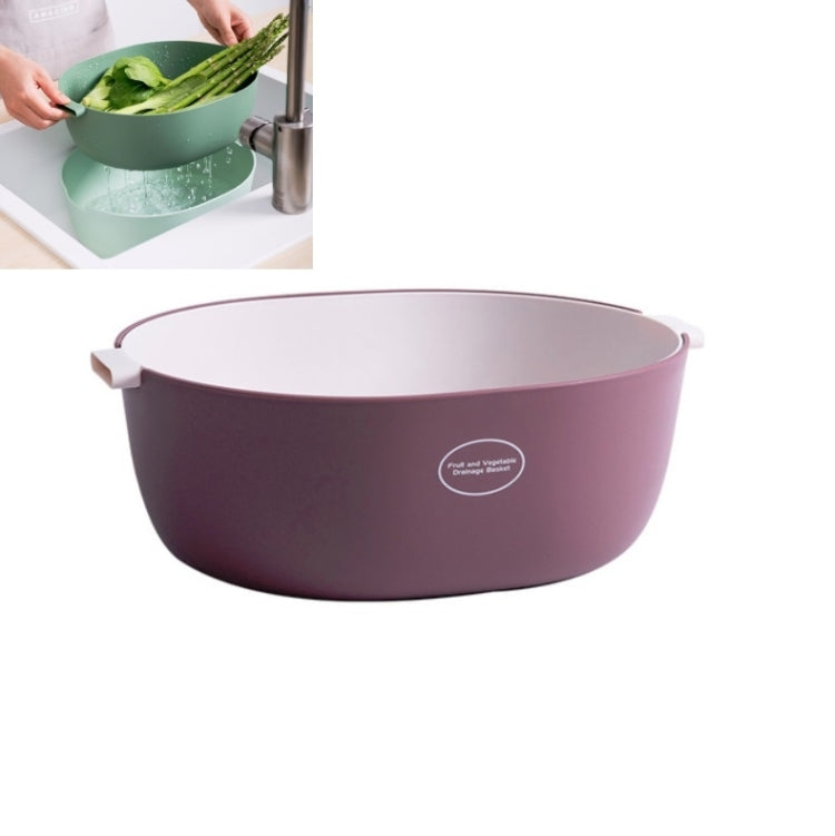 Maroon round plastic fruit and vegetable drain basket with two side handles