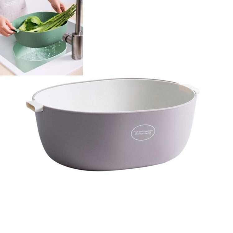 Light gray round plastic fruit and vegetable drain basket with two side handles