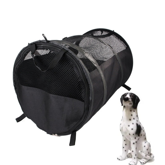 Foldable pet car back-seat bag in black with mesh panel and zippered door opening