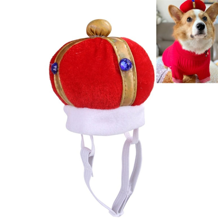 Red plush pet crown hat with gold trim, blue jewel accents, and white elastic chin strap.