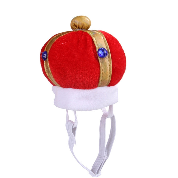 Red plush pet crown hat with gold band and small top knob; blue jewel details; elastic chin ties.