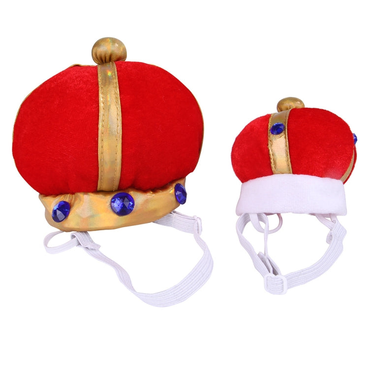 Red plush pet crown hat set view: large and small sizes with gold band, blue gems, white elastic.