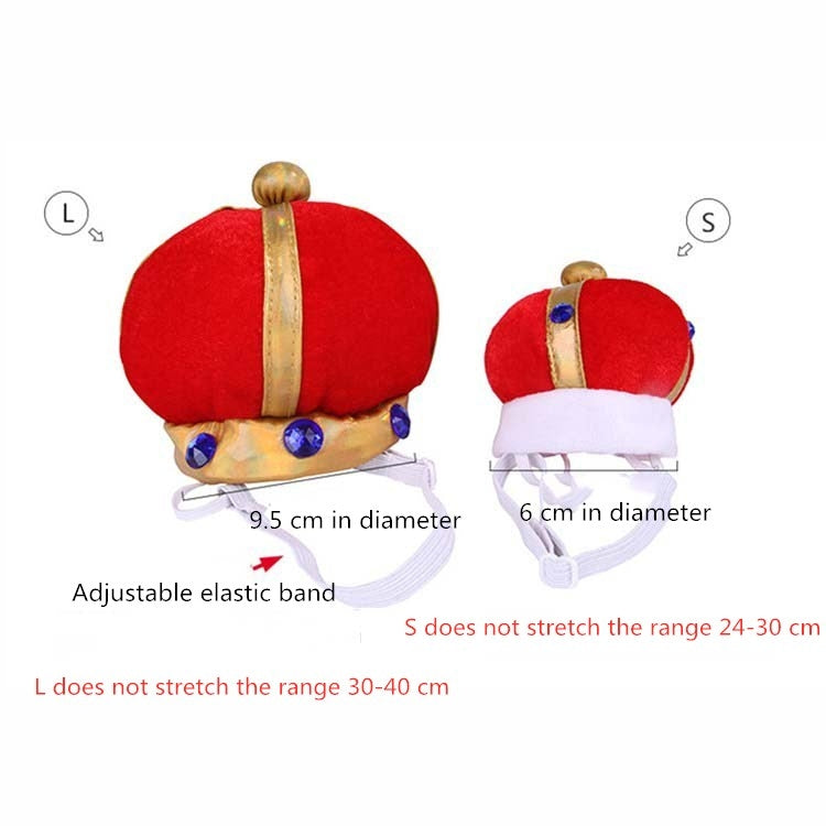 Pet crown hat size chart view: red plush with gold band, blue gems, white adjustable elastic band.