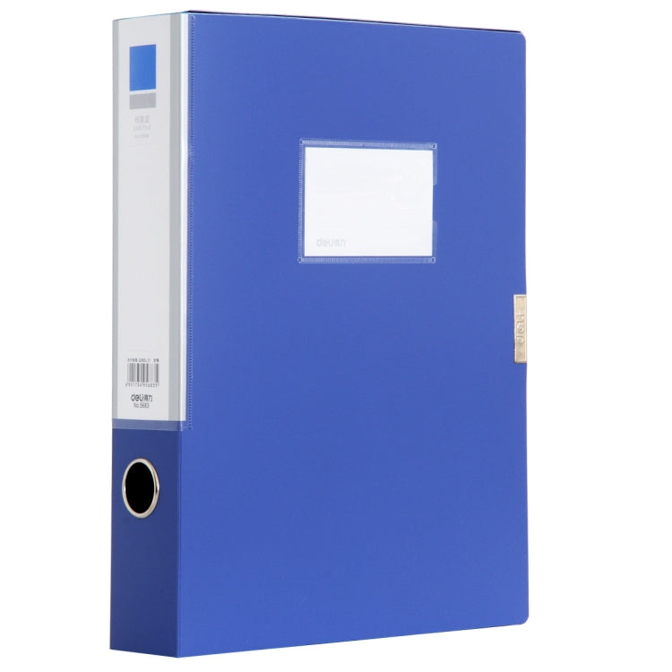 Blue A4 plastic file box with front label window and 55mm storage capacity