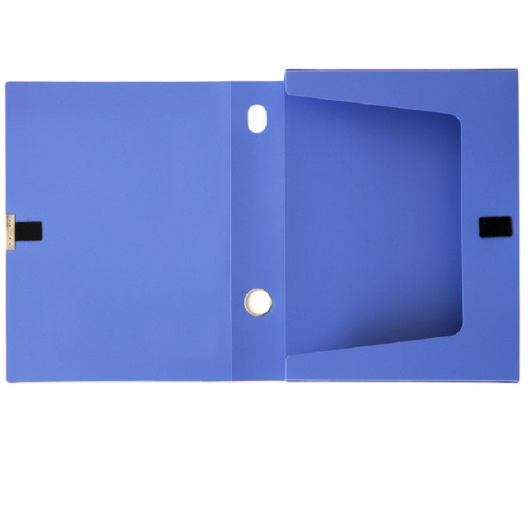 Blue A4 plastic file box with clear label window and cutout grip