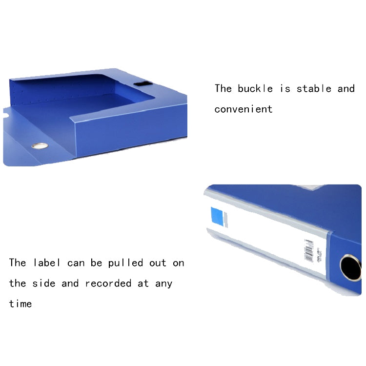 Blue plastic file box with open tray and side buckle closure