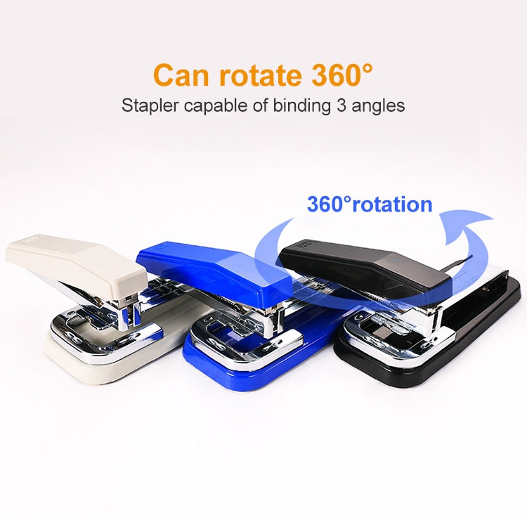 Rotatable stapler shown in white, blue, and black on a tray