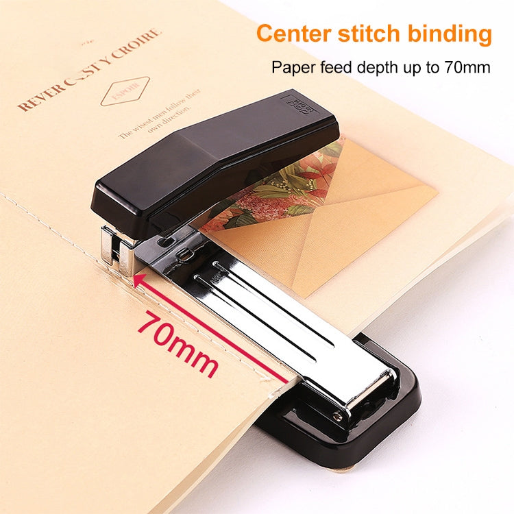 Black stapler with wide top bar, loading slot, and center-feed tray