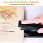 Black portable stapler held above paper stack with open loading mouth