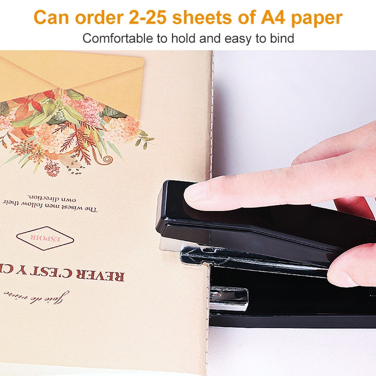 Black portable stapler held above paper stack with open loading mouth