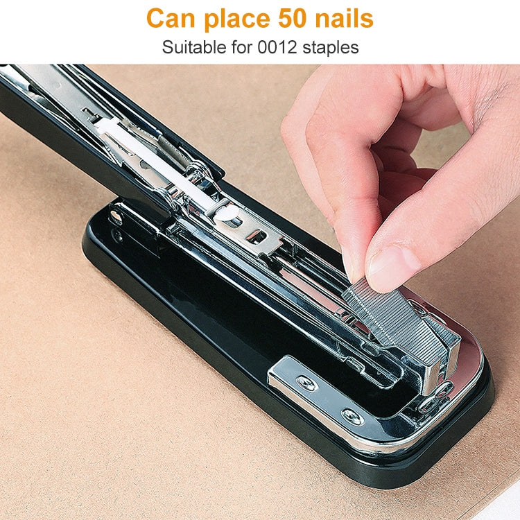 Black portable stapler with visible internal rails and inserted staples