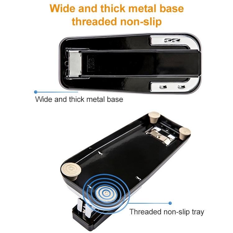 Black stapler with wide metal base and non-slip textured tray