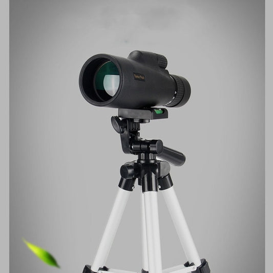 Black night vision monocular mounted on a tripod with a front focus control