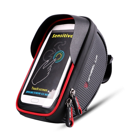 Bicycle handlebar touch-screen phone bag, black with red trim and zipper; phone window front