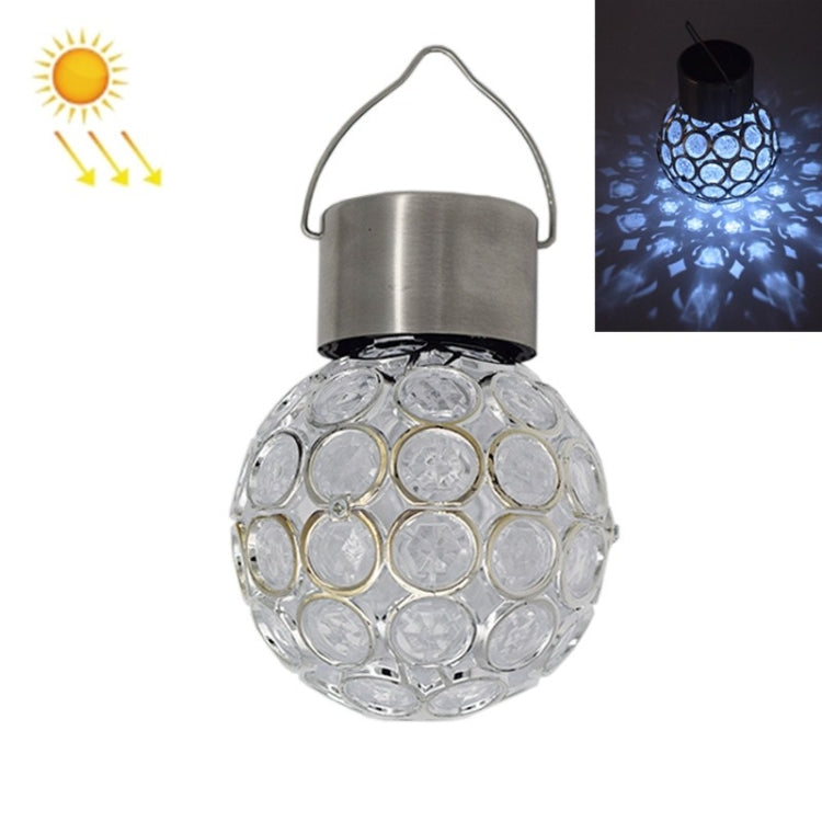 White solar hollow ball pendant light with clear faceted globe and stainless handle