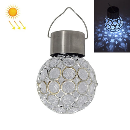 White solar hollow ball pendant light with clear faceted globe and stainless handle