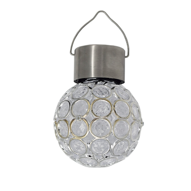 White solar hollow ball pendant lamp with clear faceted globe and metal carrying handle
