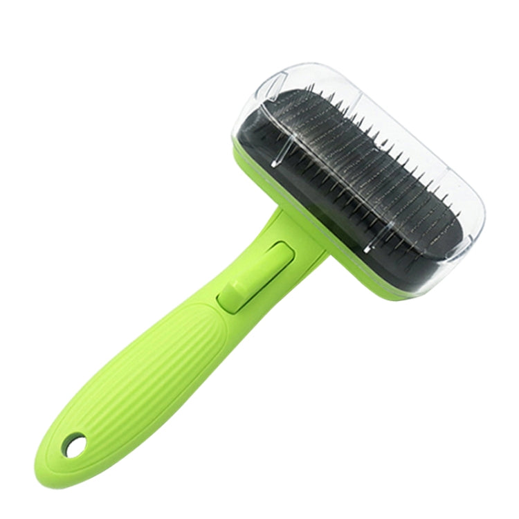 Green pet hair removal comb with clear guard and black bristle head