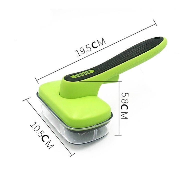 Green pet hair removal brush comb with black bristle head and size markings