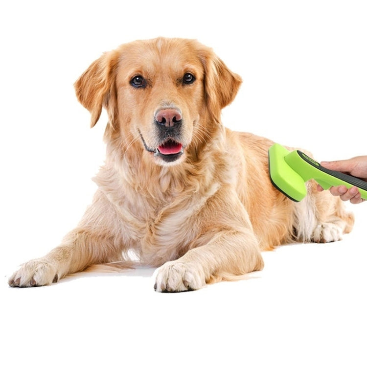 Green grooming comb brushing a golden retriever's fur with black bristles