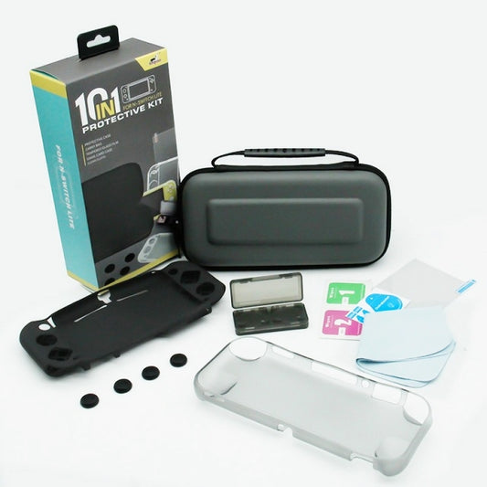 Protective accessory kit for Switch Lite with hard case, screen protectors, and joystick caps