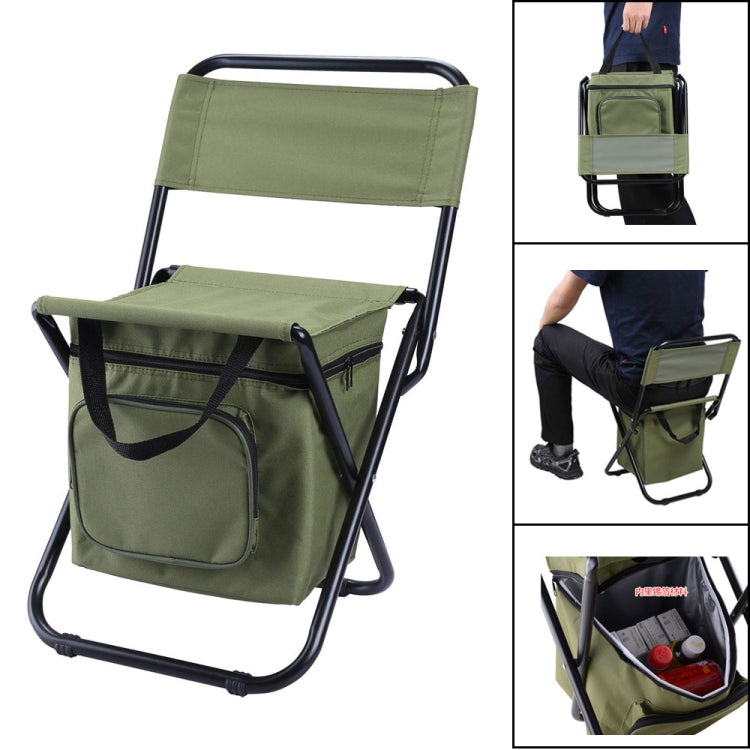 Olive green folding chair with backrest and front storage cooler bag