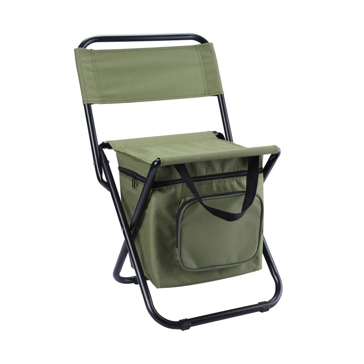 Olive green folding chair with backrest and large front storage bag