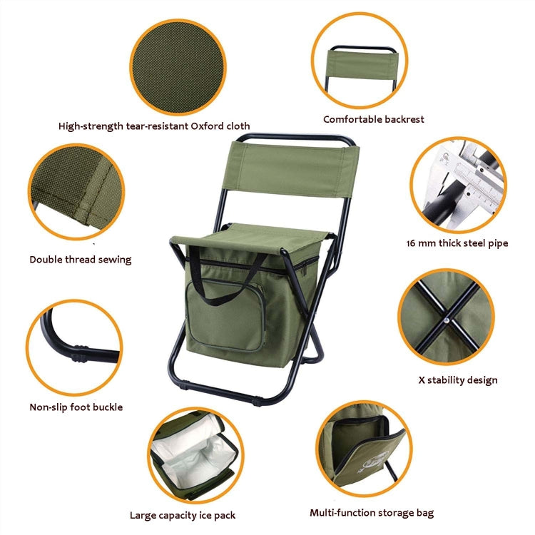 Olive folding chair with backrest, insulated storage bag and carry handle