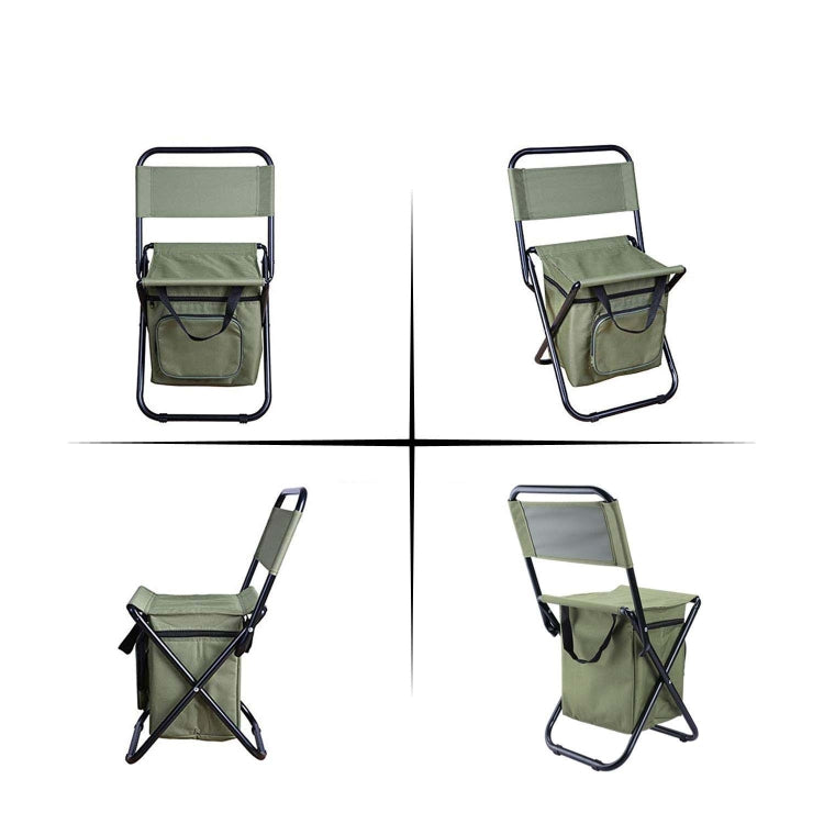 Foldable olive folding chair with backrest and attached storage bag, shown open and folded