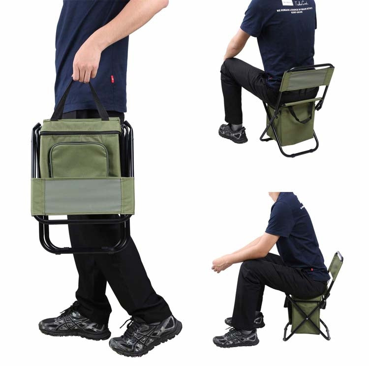 Olive folding chair with backrest and storage bag, carried by top handle