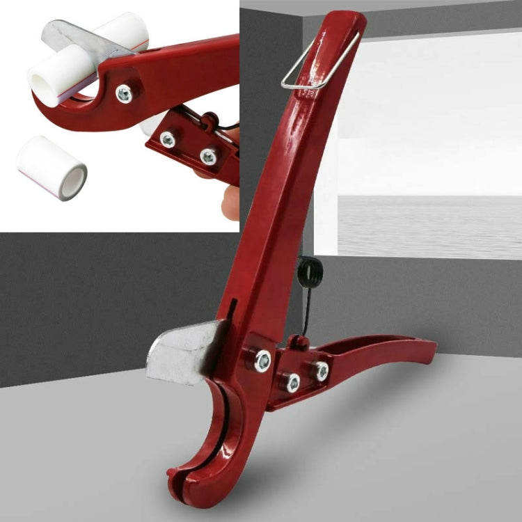 Red PVC and PPR tube cutter scissors with white plastic blades and end supports