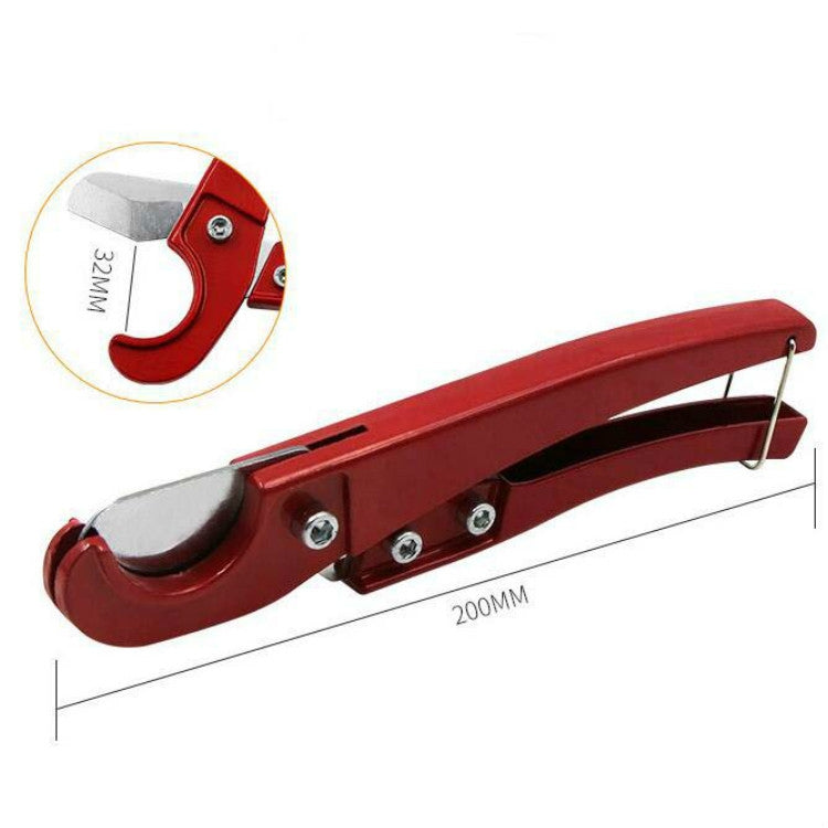 Red tube cutter tool with 200mm marking and curved blade mouth for cutting pipes