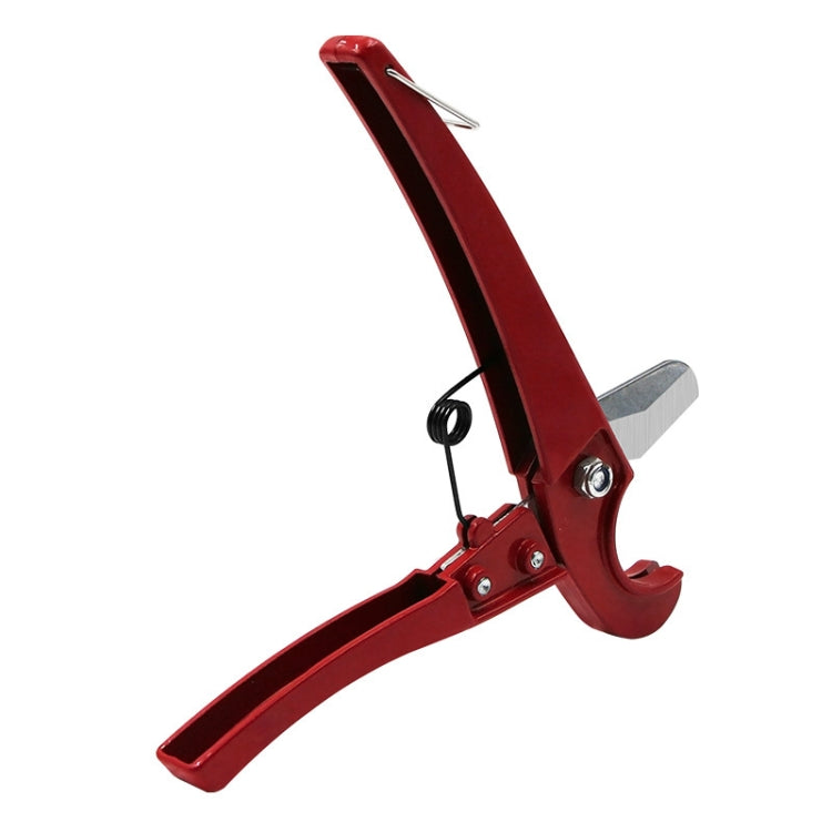 Red handheld tube cutter with lever handle, spring, and metal cutting jaw