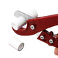 Red tube cutter with white U-shaped guides, metal blade, and mounting screws
