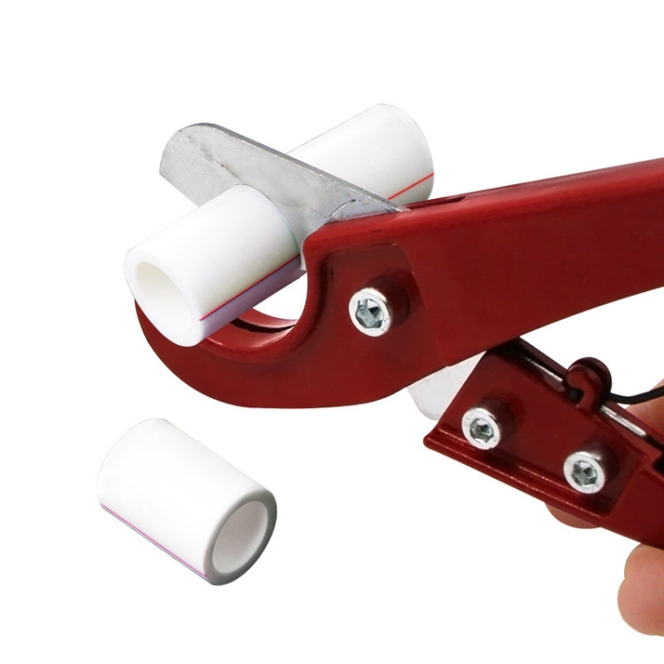 Red tube cutter with white U-shaped guides, metal blade, and mounting screws