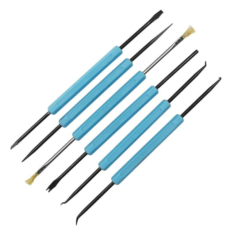 Set of 6 welding repair tools with blue handles and black tips, some with wire brushes