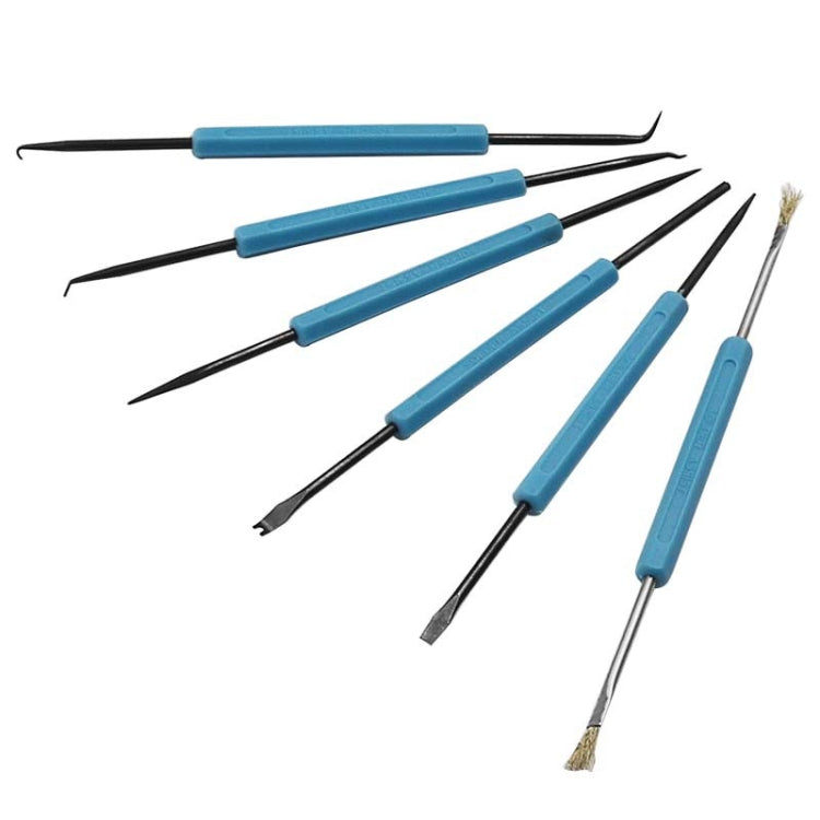 Set of 6 welding tools with blue handles, black probes, and wire brush tips