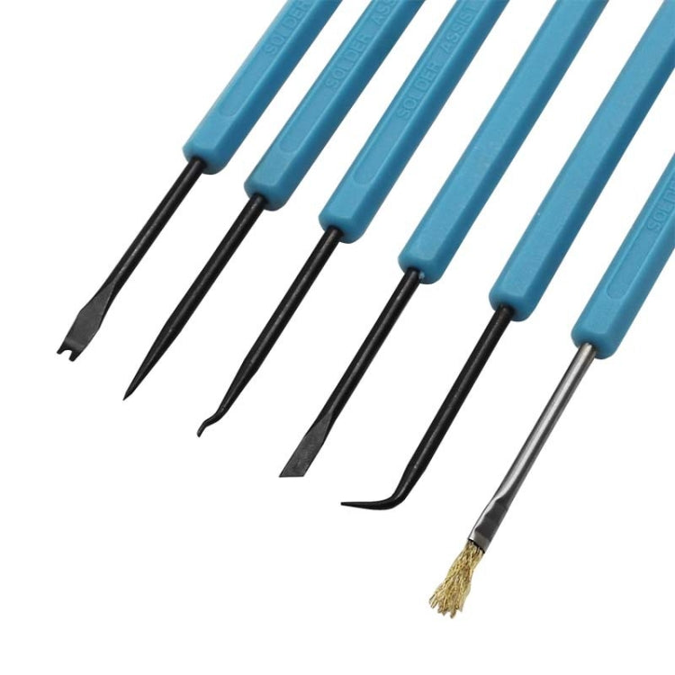 Close-up of 6 welding tools with blue grips, black tips, and one wire brush end