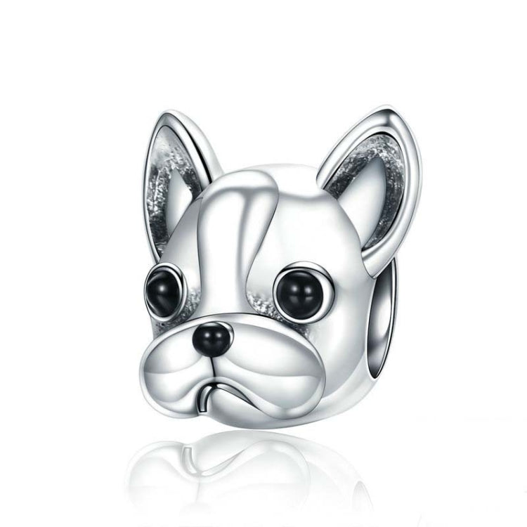 S925 sterling silver bulldog face bead with black enamel-style eyes and open-mouth detail