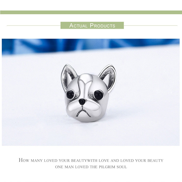 Silver bulldog face charm bead with black eyes and textured nose area