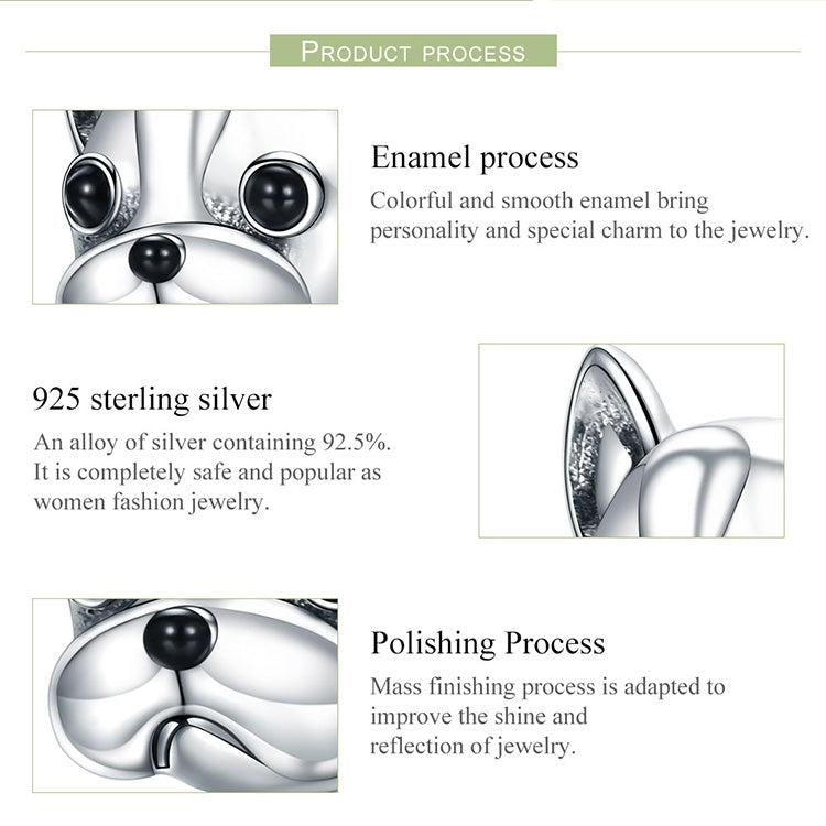 S925 sterling silver bulldog bead with glossy finish and black eyes