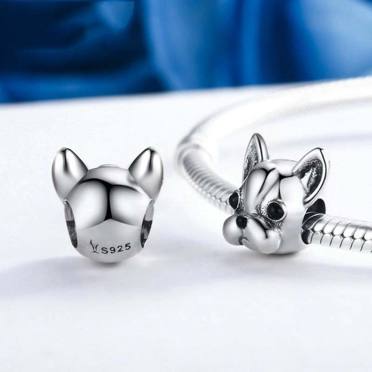 S925 sterling silver bulldog charm beads, one with black eyes on a bracelet