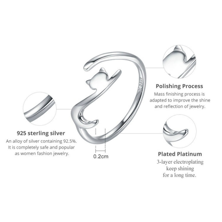 925 sterling silver cat open ring with polished shine and cat motif
